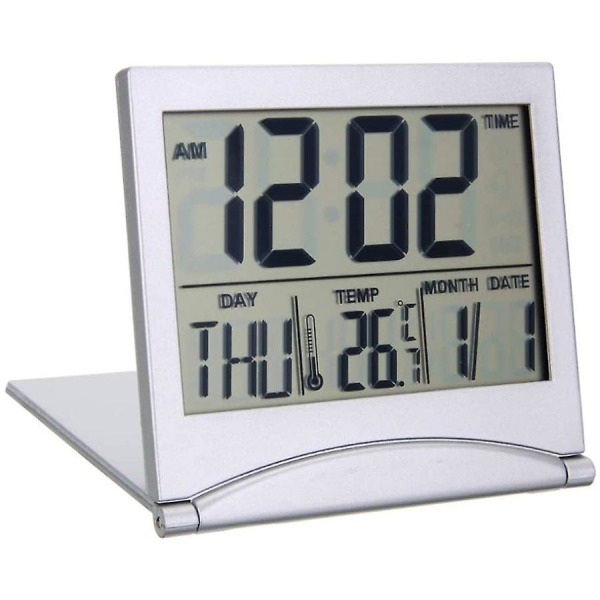 Foldable Portable Desktop Clock Silver Digital LCD Temperature Alarm