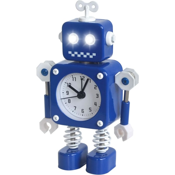 Robotväckarklocka, tyst väckarklocka i rostfritt metall med blinkande upplysta ögon och roterande arm, present till barn blå