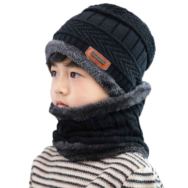 Vintermössa och set för barn, 2 st varmstickad cap och halsduk för 5-14 år gammal Black
