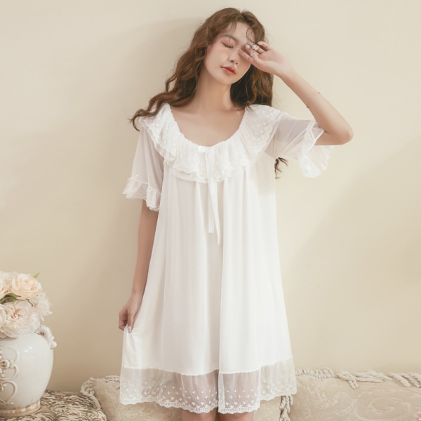 [XL storlek] mesh silke vit bakre tofs spets långärmad pyjamas sommar bekväm spets pyjamas kvinnor