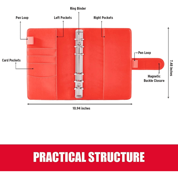 A6 anteckningsblock pärm, 6 ring pärm, PU läder anteckningsblock pärm, lösblad personlig arrangör pärmomslag med magnetiskt spänne stängning, röd