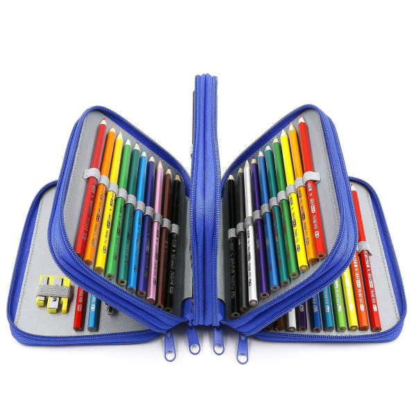 Pennfodral med 72 case - Behändig Oxford Multi-layer Zipper Pennväska med stor kapacitet för färgpenna, akvarellpennor, sminkborste, kosmetiska penslar Blue