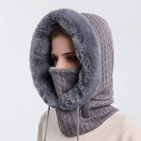 Dame Vinter En-Stykke Løs Uld Hue Halstørklæde Maske Snørebånd Varm Sweater Hætte Strikket Hue Grå