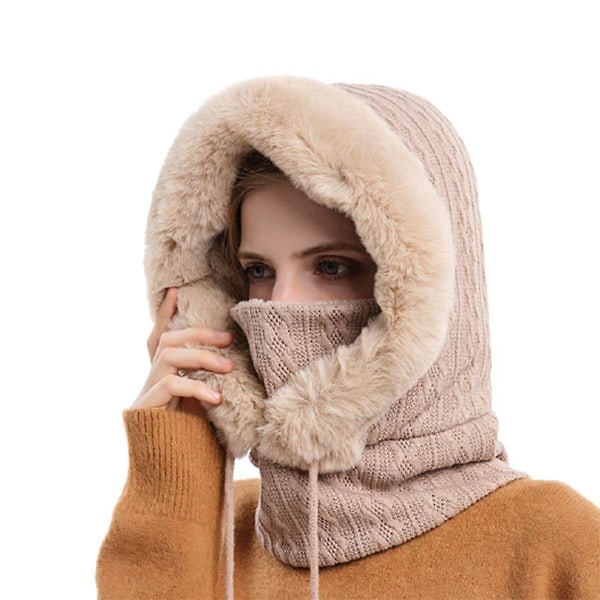 Vinterpälsmössa Mask Set Huva För Kvinnor Stickad Kasmirs Hals Varm Ryssland Utomhus Skidvindtät Mössa Tjock Plyschig Fluffy Beanies B