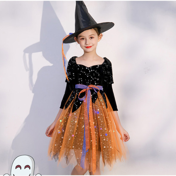 Tyttöjen noitapuku, Halloween-esitysasuste, lasten cosplay-prinsessapuku, sopii pituudelle 130-145 cm