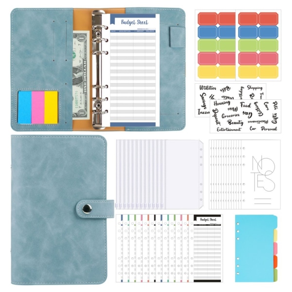 1 Set A6 Retro Adhesive Mjukt PU Läder Notebook Kontant Budget Kreativ Handbok Bokföring Ljusblå