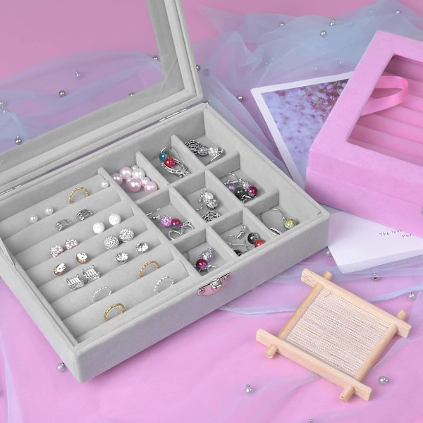 Smyckeskrin, 9 fack smyckesorganisatör, flockad smyckeskrin med transparent lock, smyckesförvaring, smyckesdisplaybricka, halsband örhängen ring sminklåda