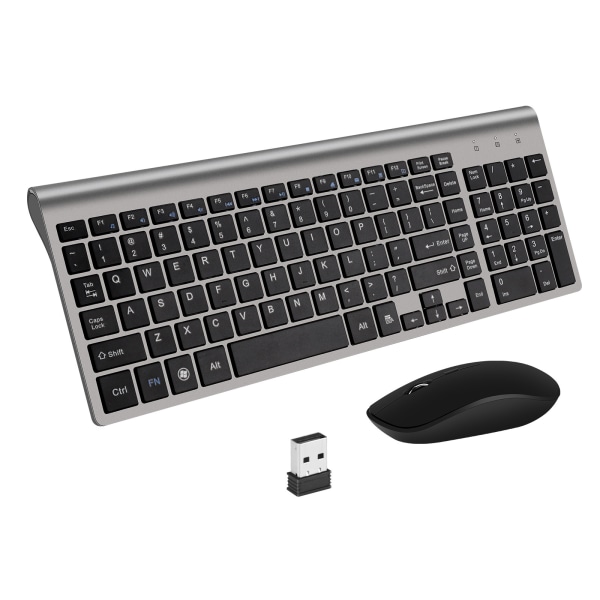 USB trådløst tastatur og mus-kombination, ultratynd og støjsvag, til stationær, bærbar computer, grå