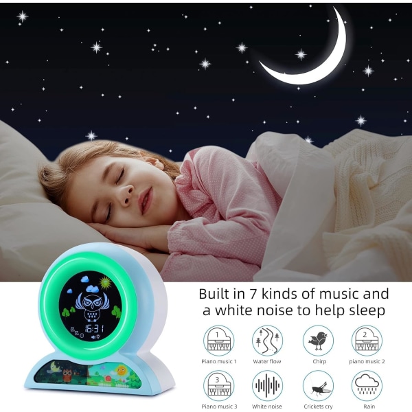 Pedagogisk barnväckarklocka Uggla Nattljus Ljusstyrka 5 färger justerbara väckarklockor för pojke flicka födelsedag