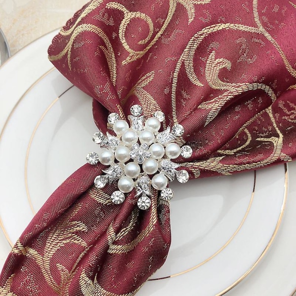 6 st Servettringar Snowflake Pearl Rhinestone Servettringhållare För Bröllopsfest Hem Kök Matbord Silver