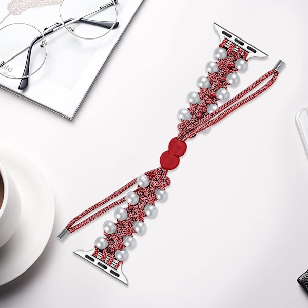 Perlenylonsrem kompatibel med Apple Watch-rem 40mm 38mm for kvinner jenter, justerbar perle smykkevev nylon Red
