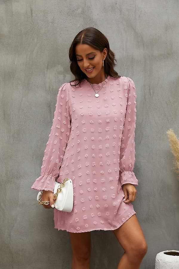 Bubble Langærmet Chiffon Jacquard Bundkjole Pink S