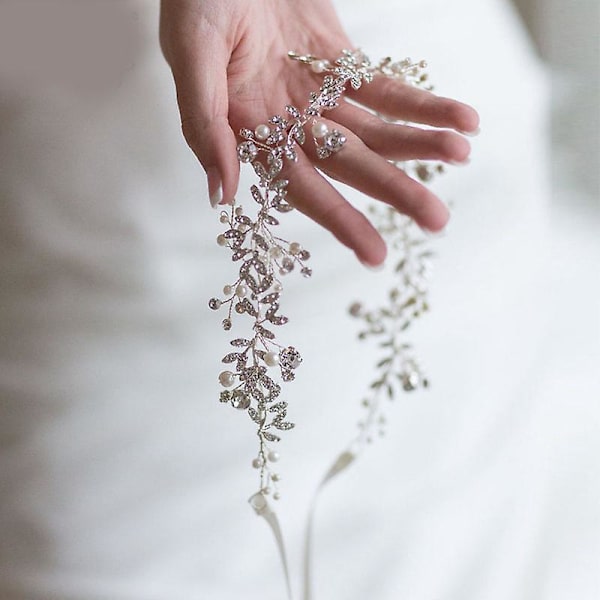 Krystall brudeslør hodebånd med blomster, elfenbensperler og elfenbens satengbånd Silver