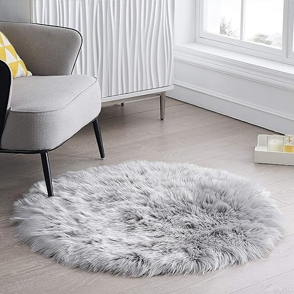 Hequn syntetisk saueskinn, behagelig følelse som ekte ull imitert pels teppe, imitert luksus ull sofa pute sete pute rund grå, 60x60 cm