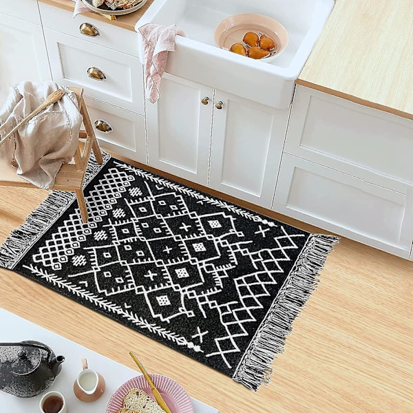 1 stk. Boho badeværelsestæppe, Boho tæppe køkkenløber sort og hvid badeværelsestæppe, vaskbart badeværelsesmåtte tribal landejendom frynser geometrisk marokkansk 60*90cm