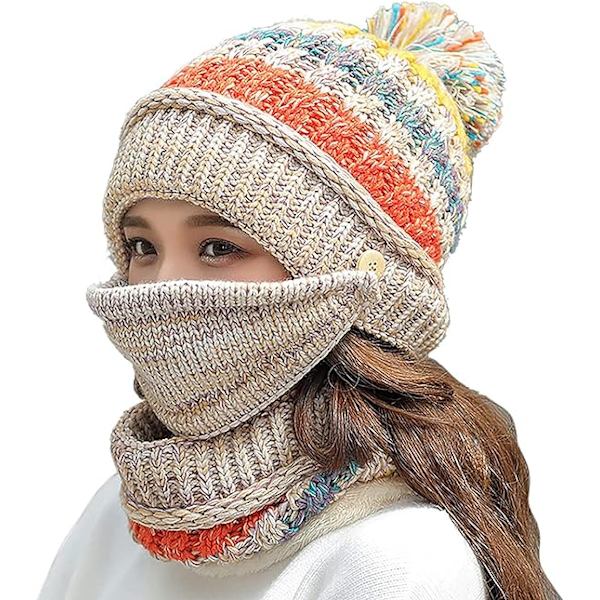 Dam vintermössa halsduk mask 3 i 1 fleecefodrad stickad varm mössor halsdukar set med pompom
