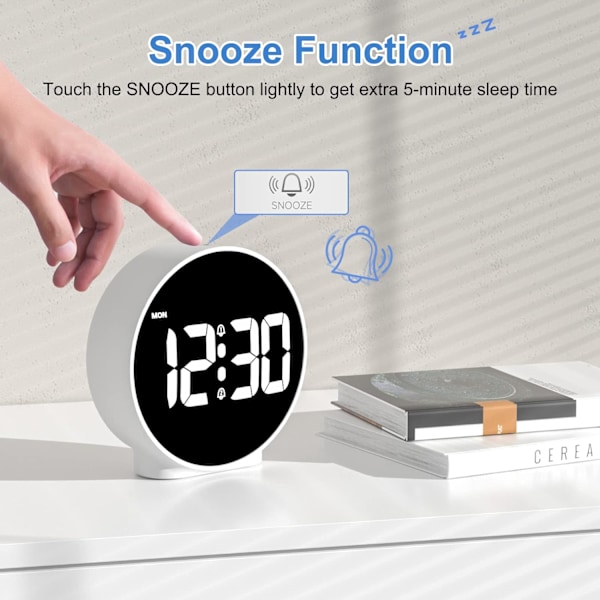 Digital vekkerklokke, reisevekkerklokke med ukedisplay, alarmtidsplan og slumrefunksjon for reise, soverom, hvit