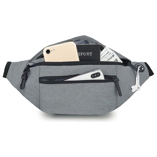 Stor Crossbody Fanny Pack med lynlåslommer, løbe casual håndfri tegnebøger taljepakke Light Grey