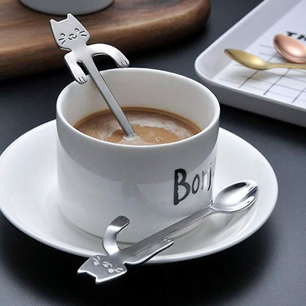 4 stk kaffeskje Mini Cat Hugging Spoon, te suppe sukker dessertskje Silver