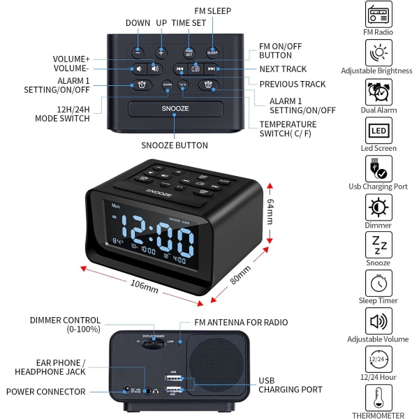 Klockradio med dubbla alarm, digital väckarklocka med 2 USB-laddningsportar, 0-100 % dimbar, justerbar volym, inomhus termometer svart