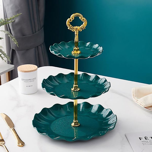 3-vånings kakställ, återanvändbart runt kakställ, fruktfat, plast dessertställ, cupcake-ställ, serveringsfat för fest Dark Green