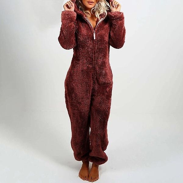 Dam vinter fluffig fleece huvtröja all in one jumpsuit Wine Red M