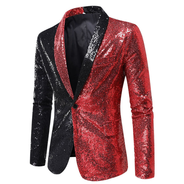 Sequin Glitter Blazer for menn - En knapp, spiss krage, smokingjakke, svart og black and Red XL