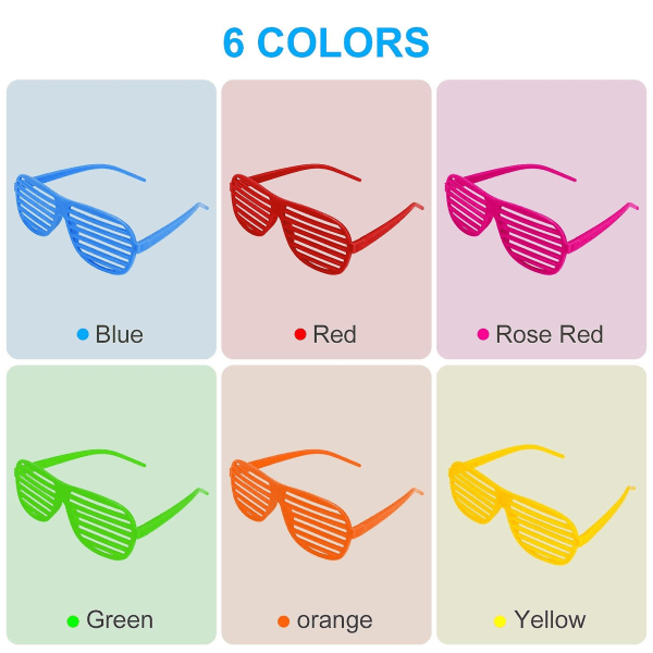 Neon Color Shutter Shadeds Glasögon för barn, 6 st Plast Novelty Party Solglasögon, Fancy Dress Dräktglasögon