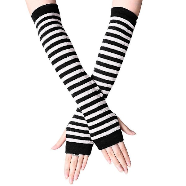 Damhandskar i armvärmare långa handvärmare fingerlösa randiga handskar White and Black