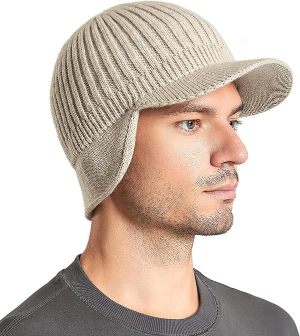 Herrar Vintermössa Visor Hat Varm Stickad Brätte Mössa Tjock Stickad Öronlapp Baseballkeps För Utomhus Sport