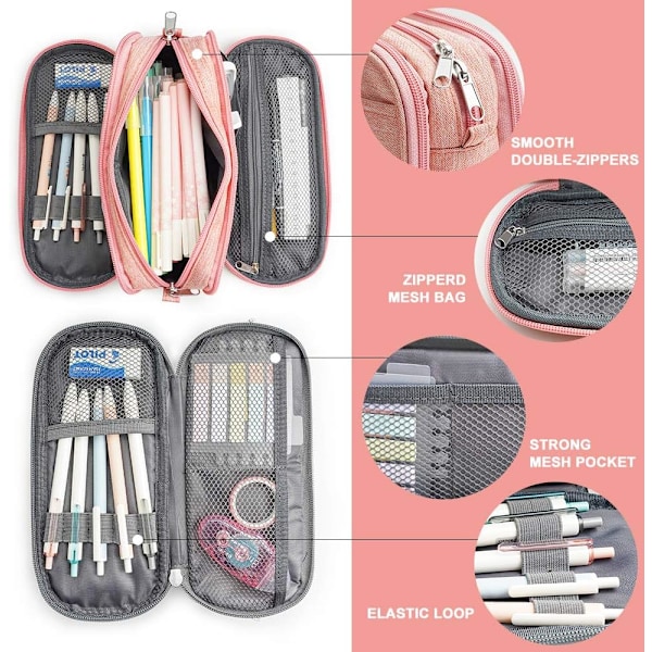 Blyantskapacitet Etui Penneholder 3 Rum Skoleartikler Makeup Taske Organizer Gave til College Kontor Studerende Pige Dreng Voksen Teenager