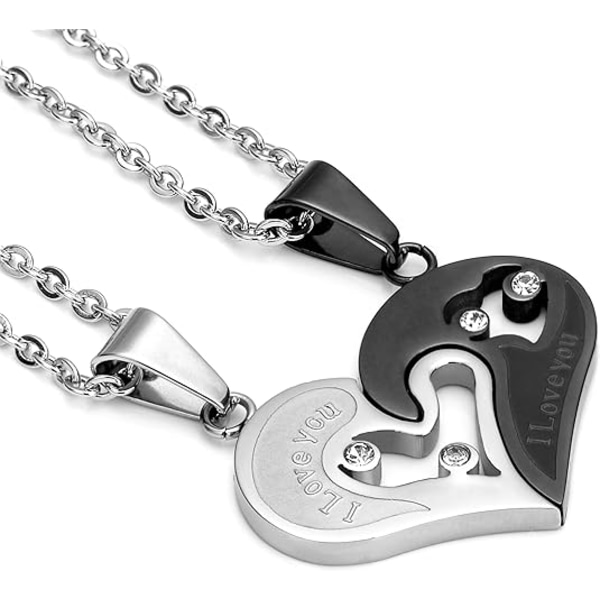 Stainless Steel Mens Womens Couple Necklace Pendant Love Heart CZ Puzzle Matching