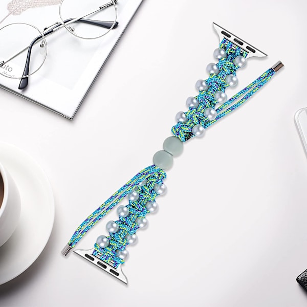 Perle Nylon Rem for Apple Watch Rem 40mm 38mm for Kvinner Jenter, Justerbar Perle Smykker Vev Nylon Blue