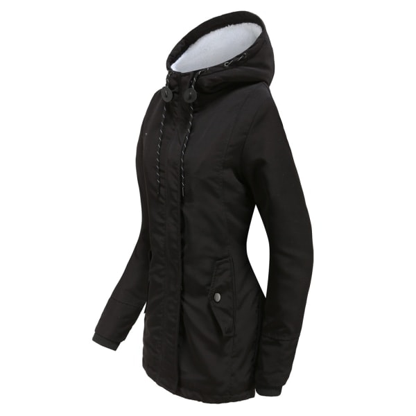 Varm vinterjacka med Sherpa-foder för kvinnor, tjock parkas med huva Black 2XL