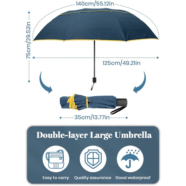 Ekstra stor golfparaply kompakt overdimensjonert vanntett sammenleggbar paraply, dobbelt baldakin ventilert vanntett pinne reiseparaplyer for kvinner og menn hjem