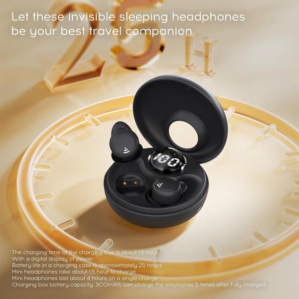Sleep Earbuds til sideslævere, Mini Usynlige Trådløse Bluetooth 5.3 Mikro Sleep Hovedtelefoner Black