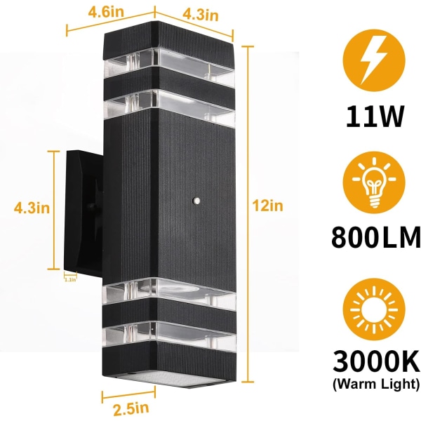 usk to Dawn ulkoseinävalot, 3000K lämmin valkoinen ylös ja alas LED-seinävalaisin, neliön muotoinen alumiininen ulkovalaisin kuistille, terassille, autotallin ovelle