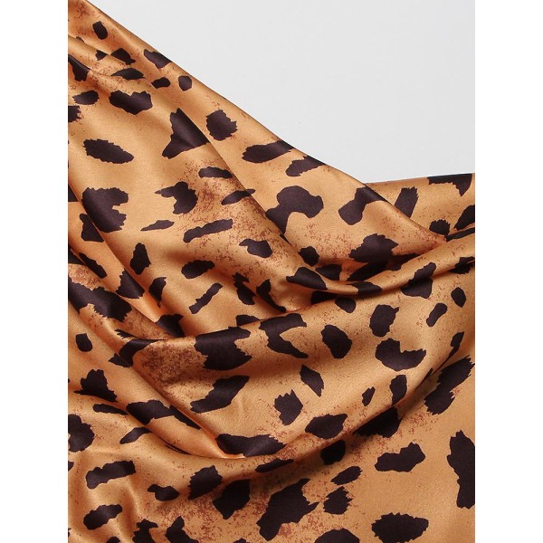 Twotwinstyle Leopard Split Lår Sexy Sling Kjole For Kvinner V Hals Ermeløs Høy Midje Colorblock Midi Kjoler Kvinneklær S