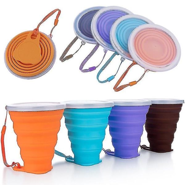 4 stk sammenleggbare kopper Sammenleggbare silikonkopper med plastforseglingslokk Gjenbrukbart bærbart koppsett