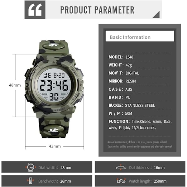 Barn Digital Klocka Utomhus Sport 50M Vattentät Elektronisk Väckarklocka 12/24H Stoppur Kalender Armbandsur för Pojkar Flickor