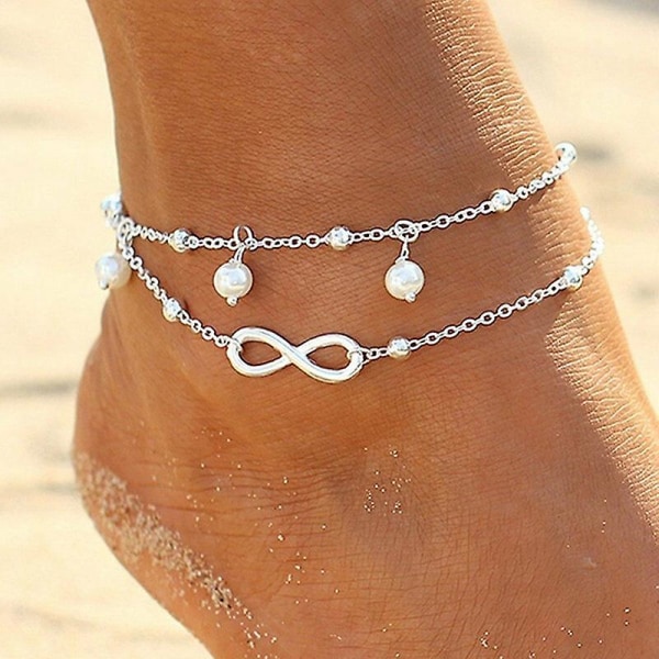 2 stk Boho Dobbelt Lag Infinity Vennskap Ankel Perle Ankel Armbånd Sommer Fot Smykker For Kvinner Jenter