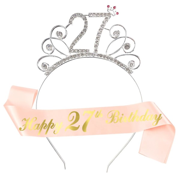 Bursdags tiara og sash, glitter sateng sash, krystallkrone tiara og bursdagsjentemerke for jenter kvinner 27th