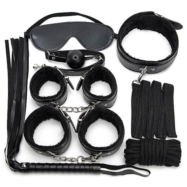 7 st/set Läder Bodaged Kit Adlt Explay Hndcffs/whps/ball Gg/rep/collr Bdm Black