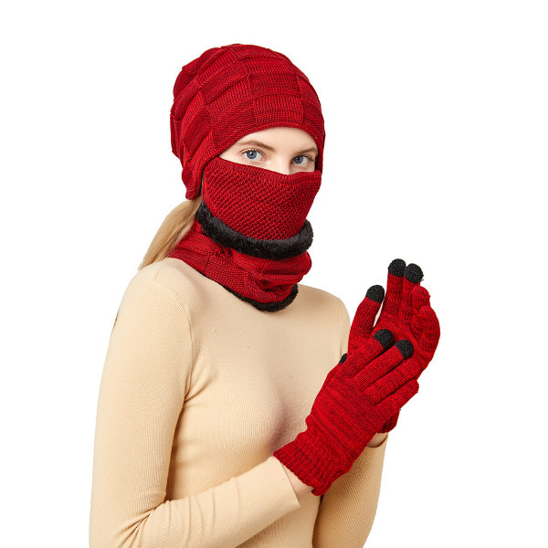 Varm 4-delad mössa, halsduk, mask och handskar för män och kvinnor röda