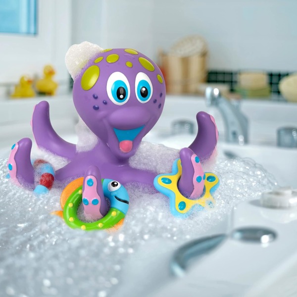 Flytande lila bläckfisk och interaktiv badleksak med 3 ringar