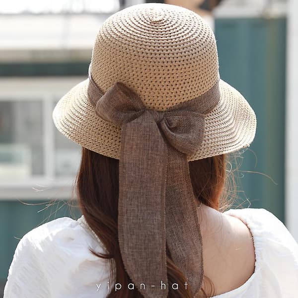 Dame Strand Sol Hat Halm Rejse Foldbar Bred Sommer Uv Hat Light Pink