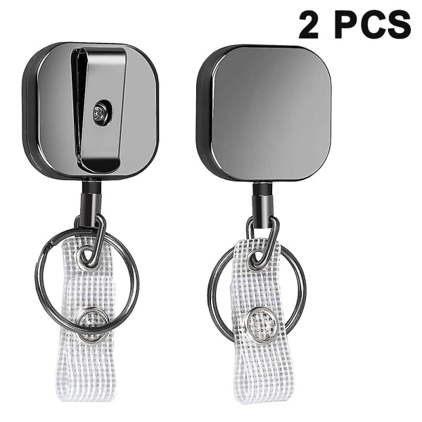 Self Retracting Badge Holder, Key Reel, Sturdy Metal Body, Steel Lanyard, Black Square Carabiner, 2 Pcs