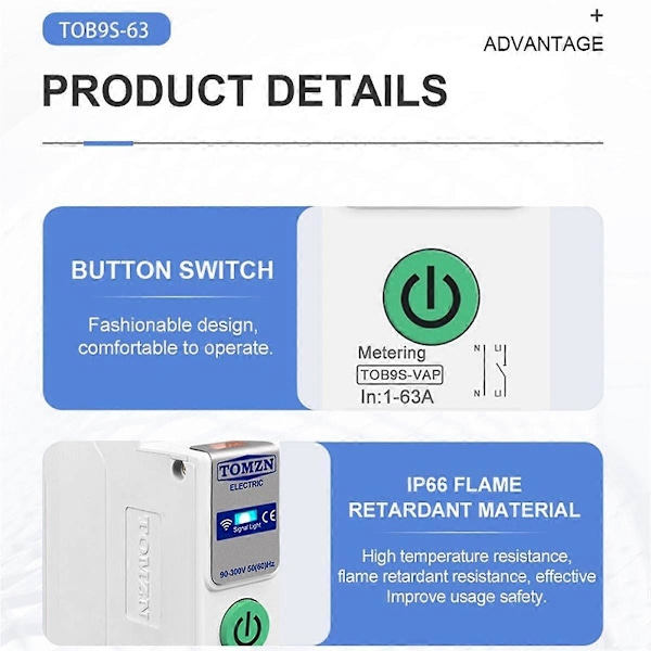 TOB9S-VAP TUYA Smartlife 63A 1P+N WIFI Smart Bryter Energimåler Kwh Måling Overvåking Strømbryter Relé MCB