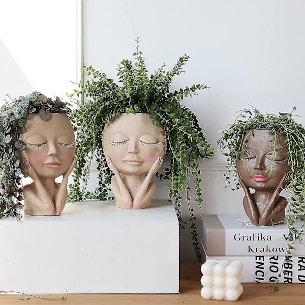 1 stk ansigt blomsterpot hoved blomsterpot blomsterpot sukkulent blomsterpot sød harpiks kaktus blomsterpot med drænhuller lukkede øjne karakter harpiks
