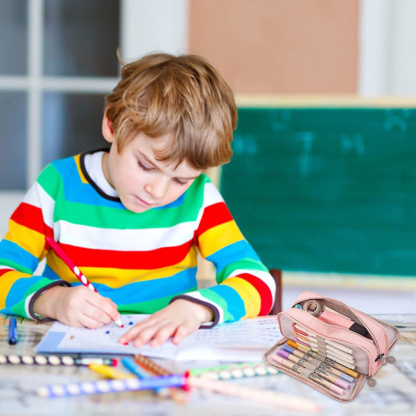 Stor blyantveske med 3 rom, sminke til ungdomsskole, skoleutstyr, blyantvesker, skoleutstyrsett Pink